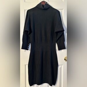 VINTAGE 100% 2 Ply Cashmere M Black Mock Turtleneck Pearl Button Midi 3/4 Sleeve